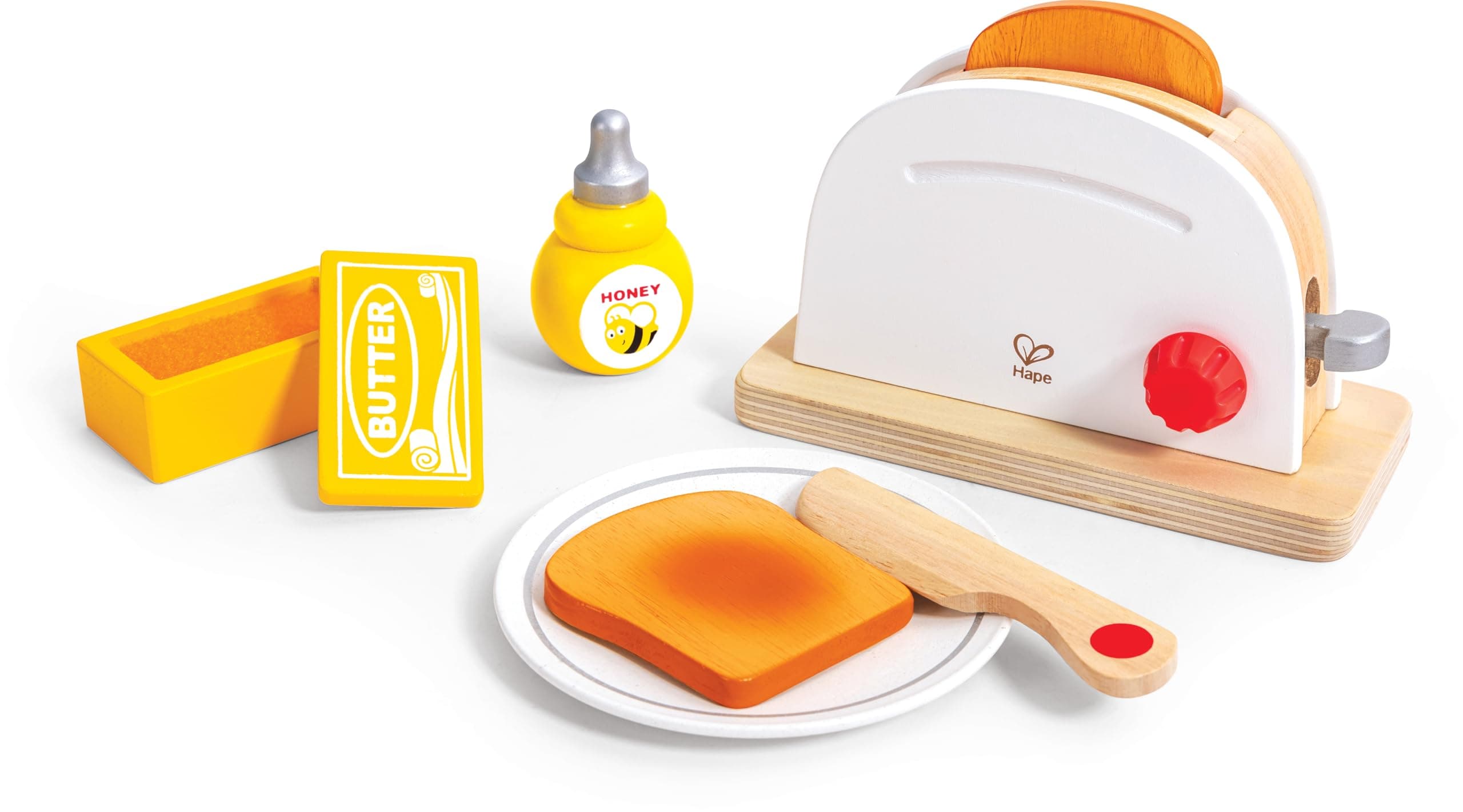 Hape White Wooden Pop-Up Toaster Set Pretend Play Breakfast Accessories for Pres - Thumbnail 4