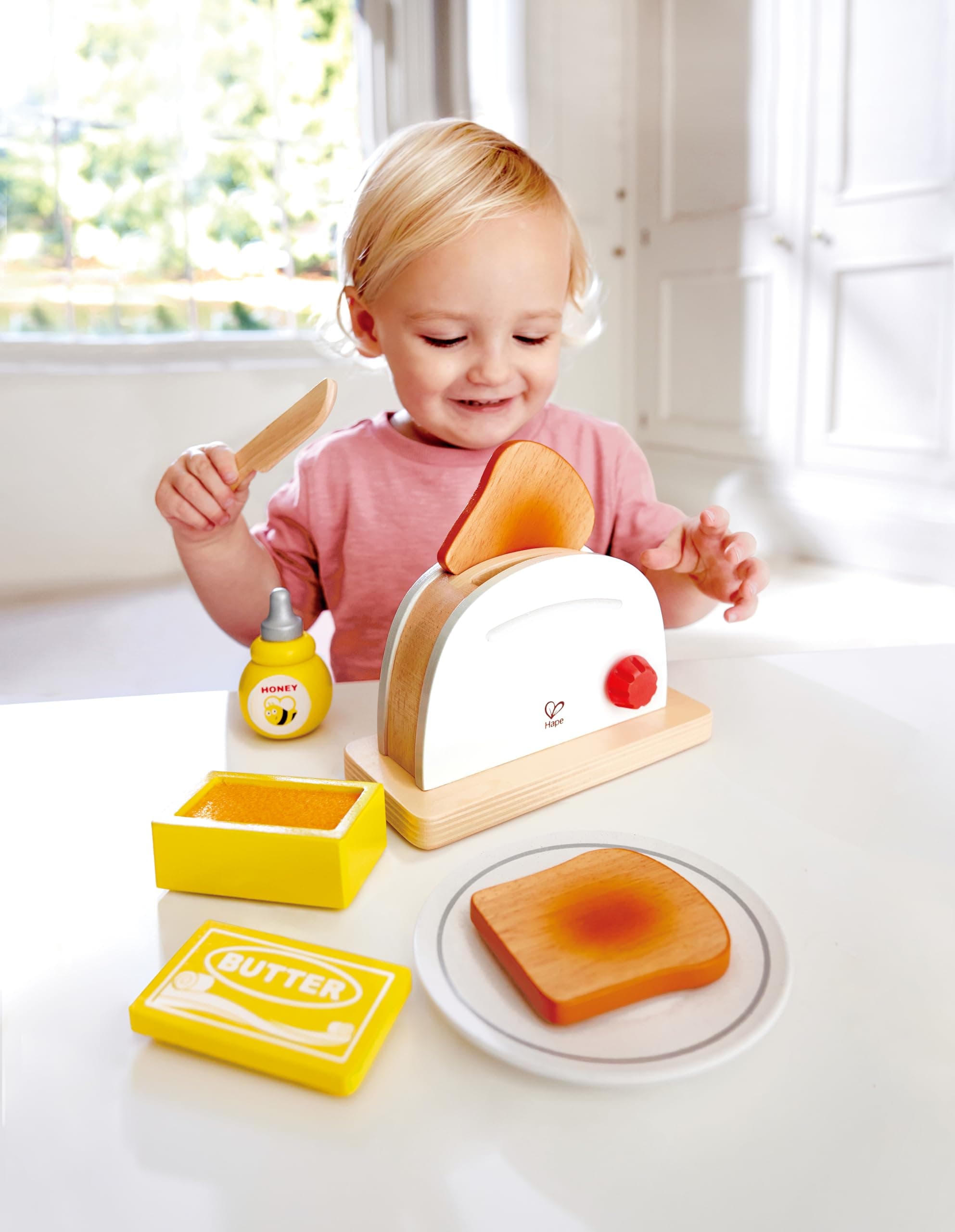 Hape White Wooden Pop-Up Toaster Set Pretend Play Breakfast Accessories for Pres - Thumbnail 3