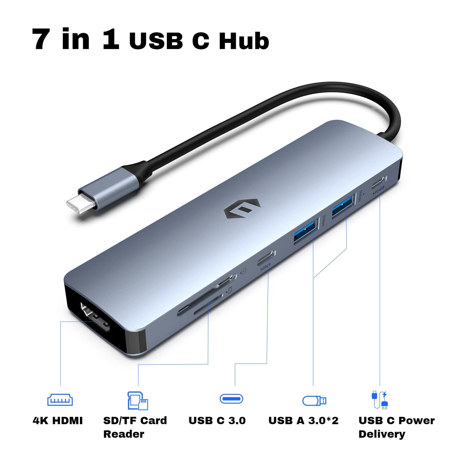 TOTU USB C Hub, 7 in 1 USB C Dock with 4K HDMI, 2 USB 3.0, USB C 3.0, 100W Type - Thumbnail 3