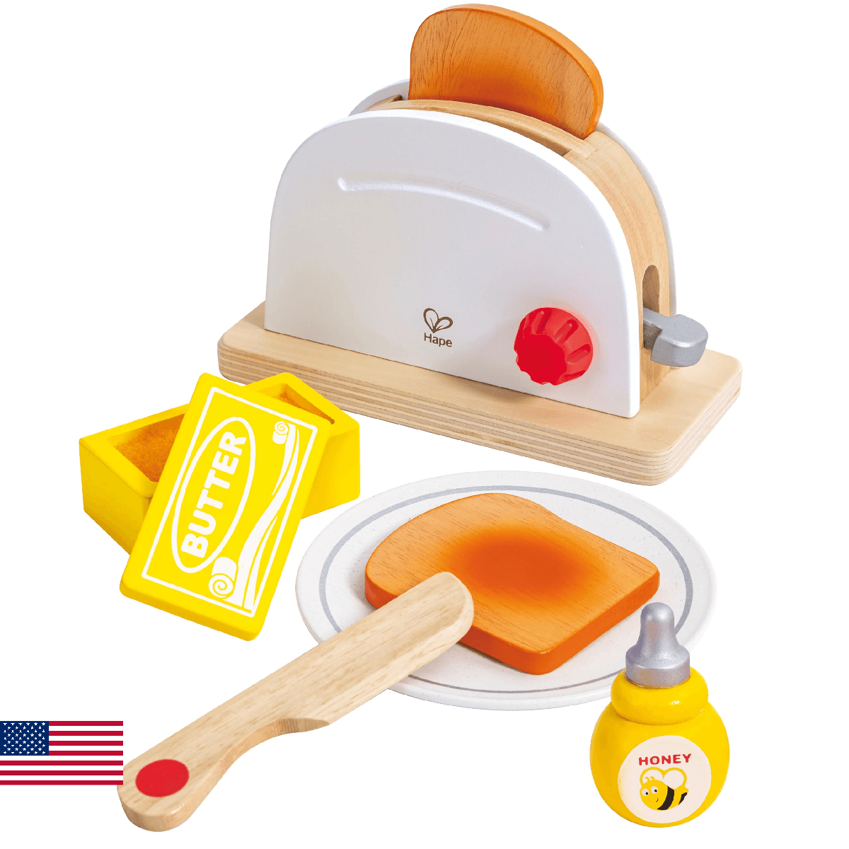 Hape White Wooden Pop-Up Toaster Set Pretend Play Breakfast Accessories for Pres - Image 1
