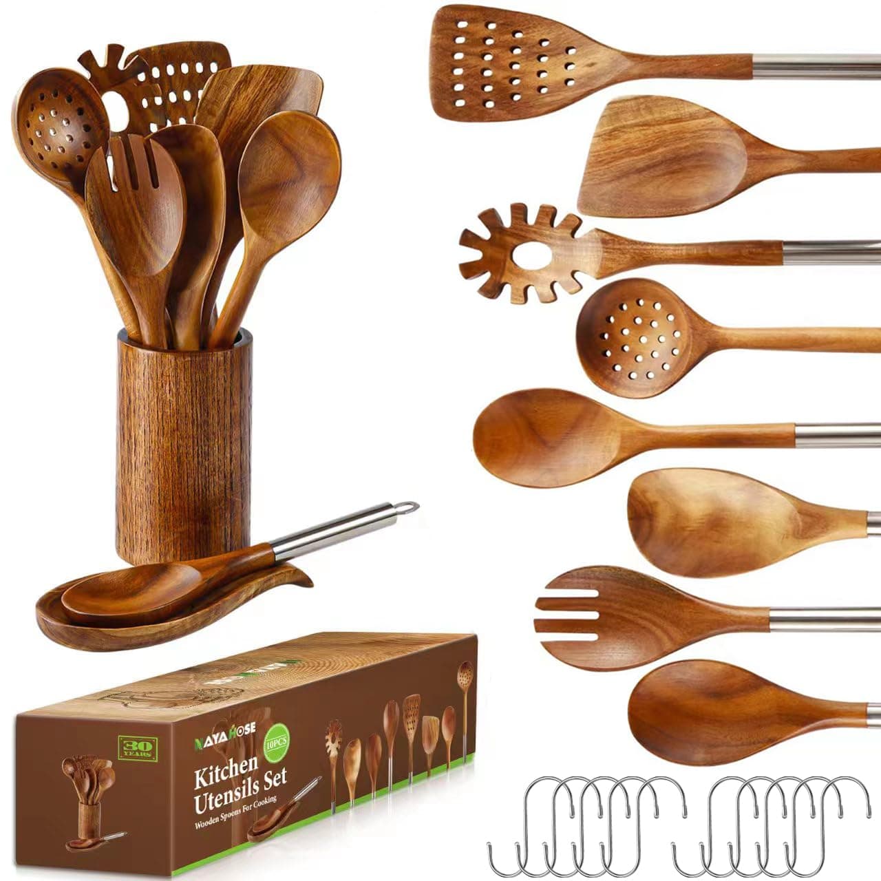 NAYAHOSE 10-Pc Wooden Cooking Utensil Set w/ Holder - Premium Teak Wood Spoons - Image 1