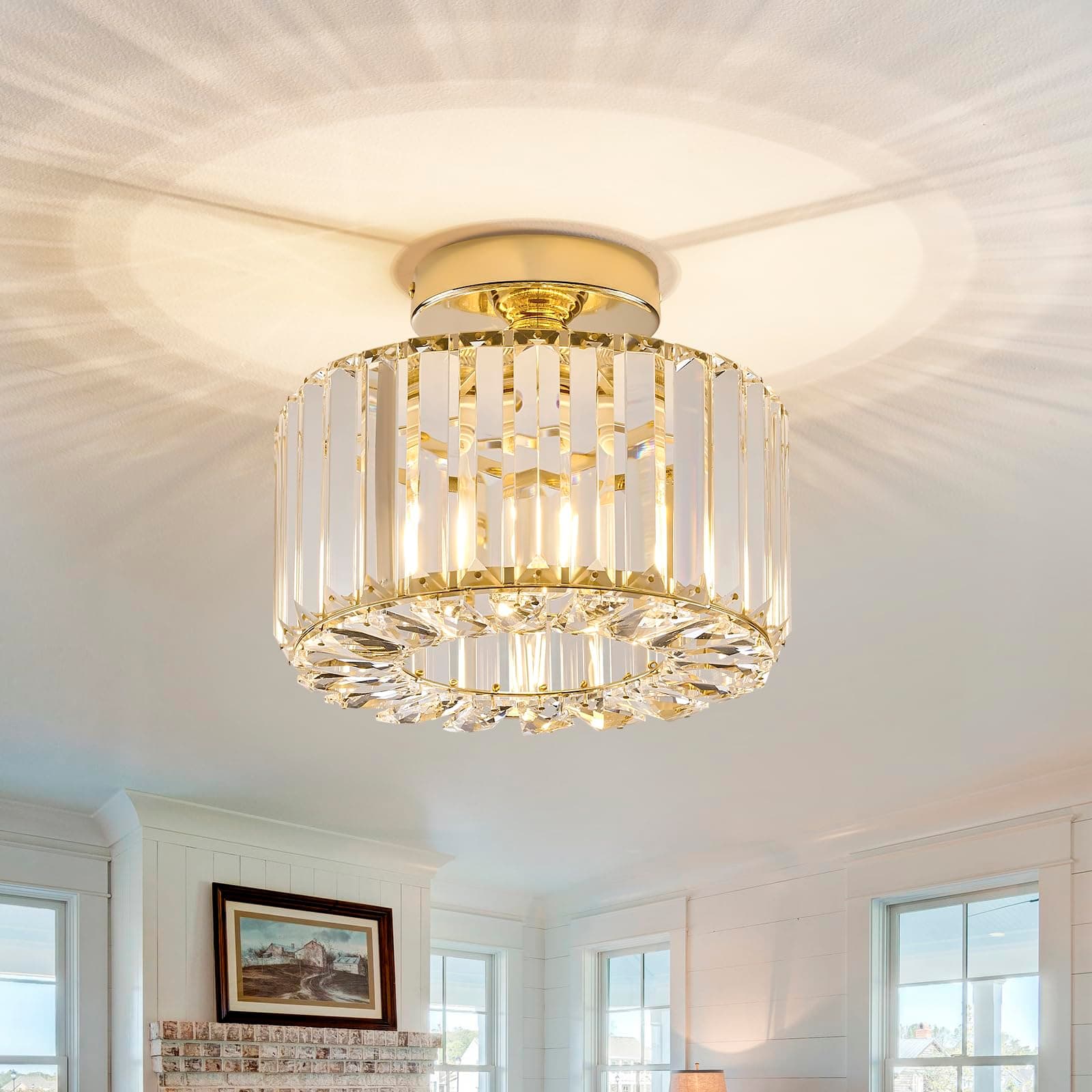 BUXVRCS Crystal Ceiling Light Fixture Semi Flush Mount Modern Chandelier Gold - Image 1