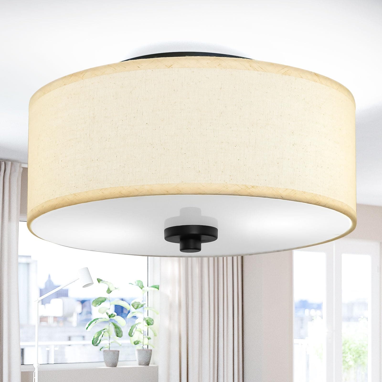 Lodstob 2-Light 12" Dimmable Flush Mount Ceiling Light Fixture Modern Beige Fabr - Image 1