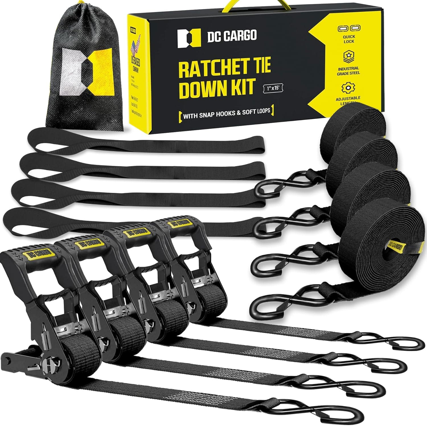 DC Cargo Mall 4PK 15ft Ratchet Tie Down Straps 1800lb Break Strength S Hooks - Image 1