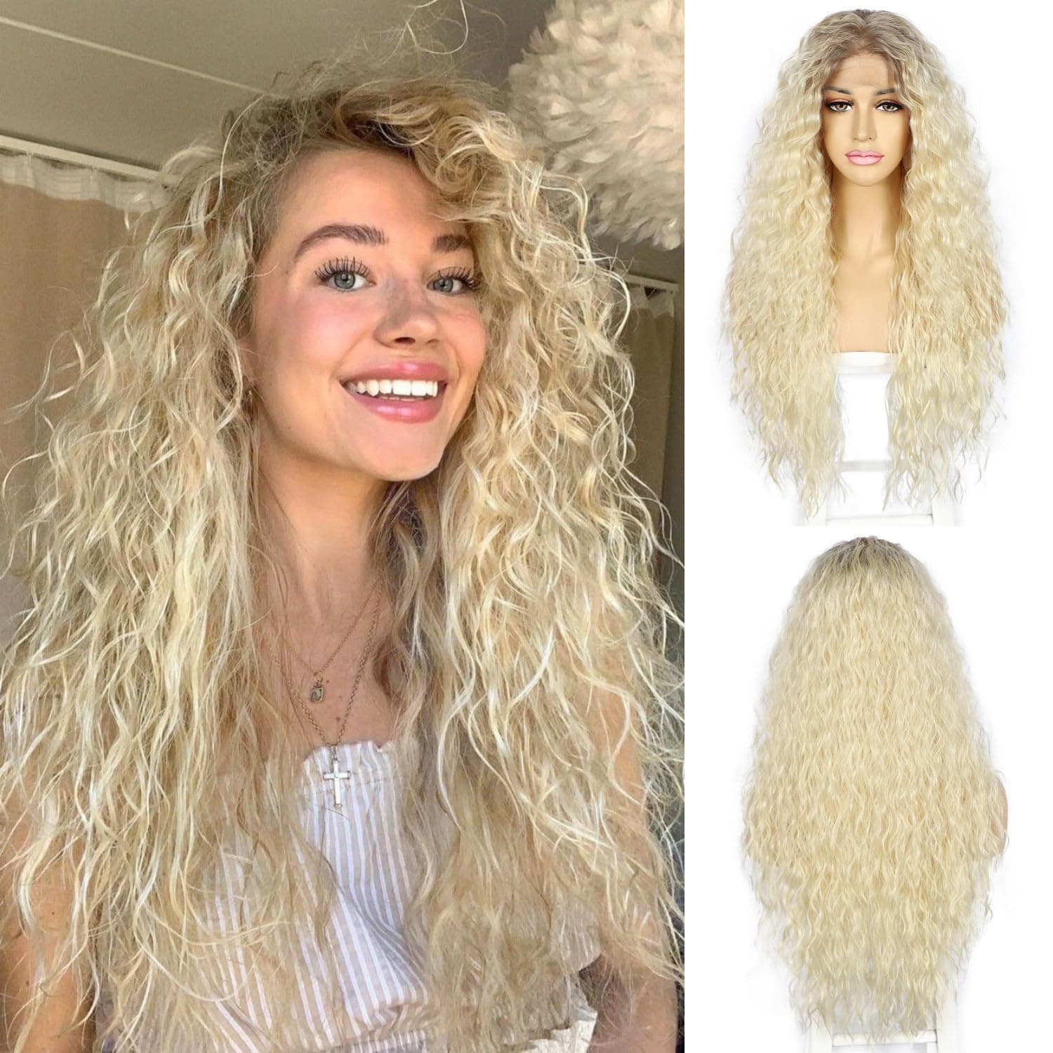 SAPPHIREWIGS Blonde Curly Synthetic Lace Front Wigs Pre Plucked Long Deep Wavy - Image 1