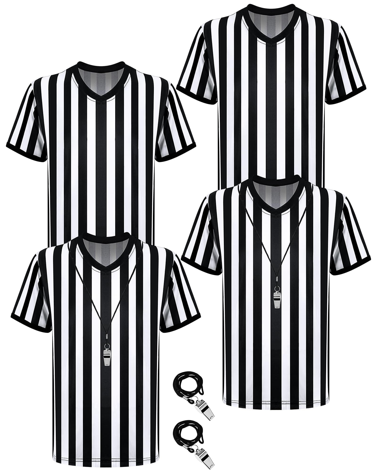 Sintege 4 Sets White/Black Soccer Referee Stripe Shirt Whistle Official - Image 1