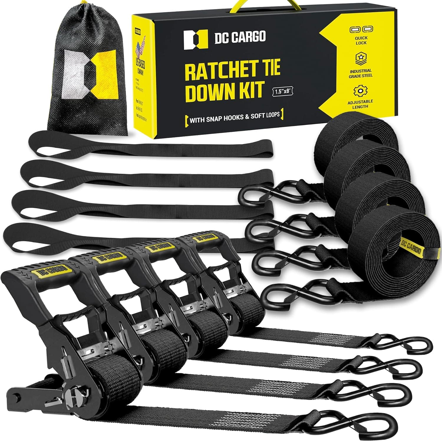 DC Cargo Mall 4PK Ratchet Tie Down Straps 1.5"x8ft 5000LB Break Strength Hook - Image 1