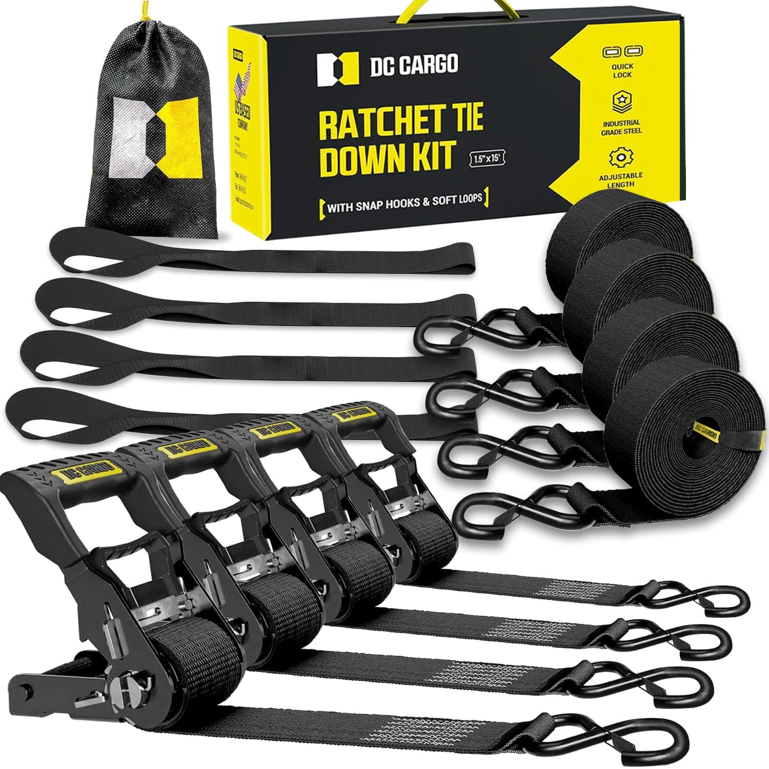 DC Cargo Mall Ratchet Tie Down Straps 4-PK - 5,000lb Break Strength 1.5" x 1' - Image 1