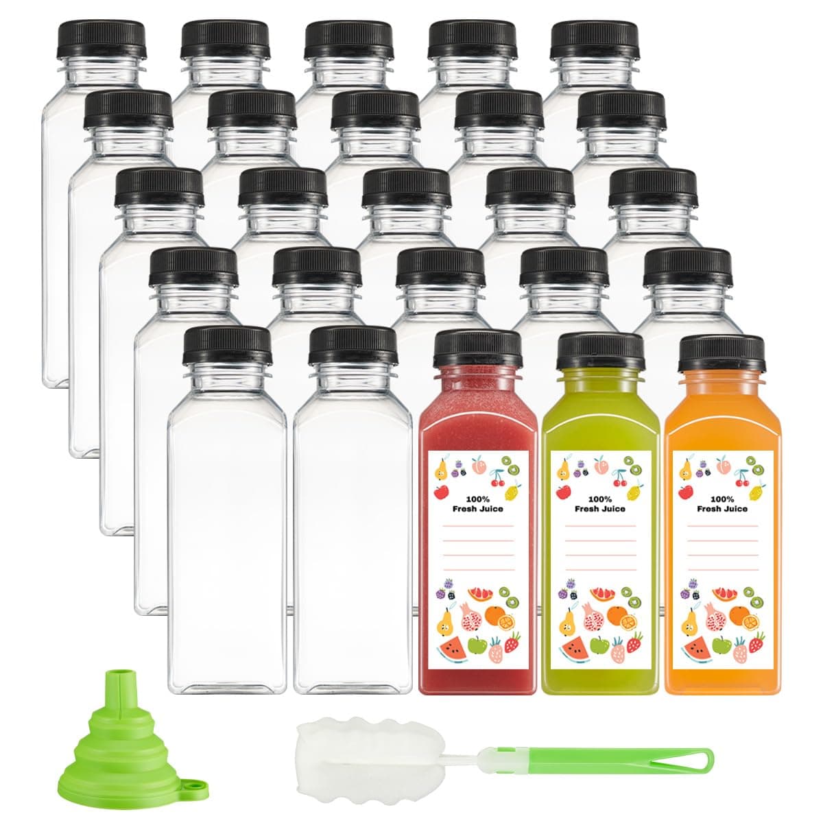 GUSTO 12oz 25-Count Reusable Plastic Juice Bottles w/ Caps, Labels, Brush, Funne - Image 1