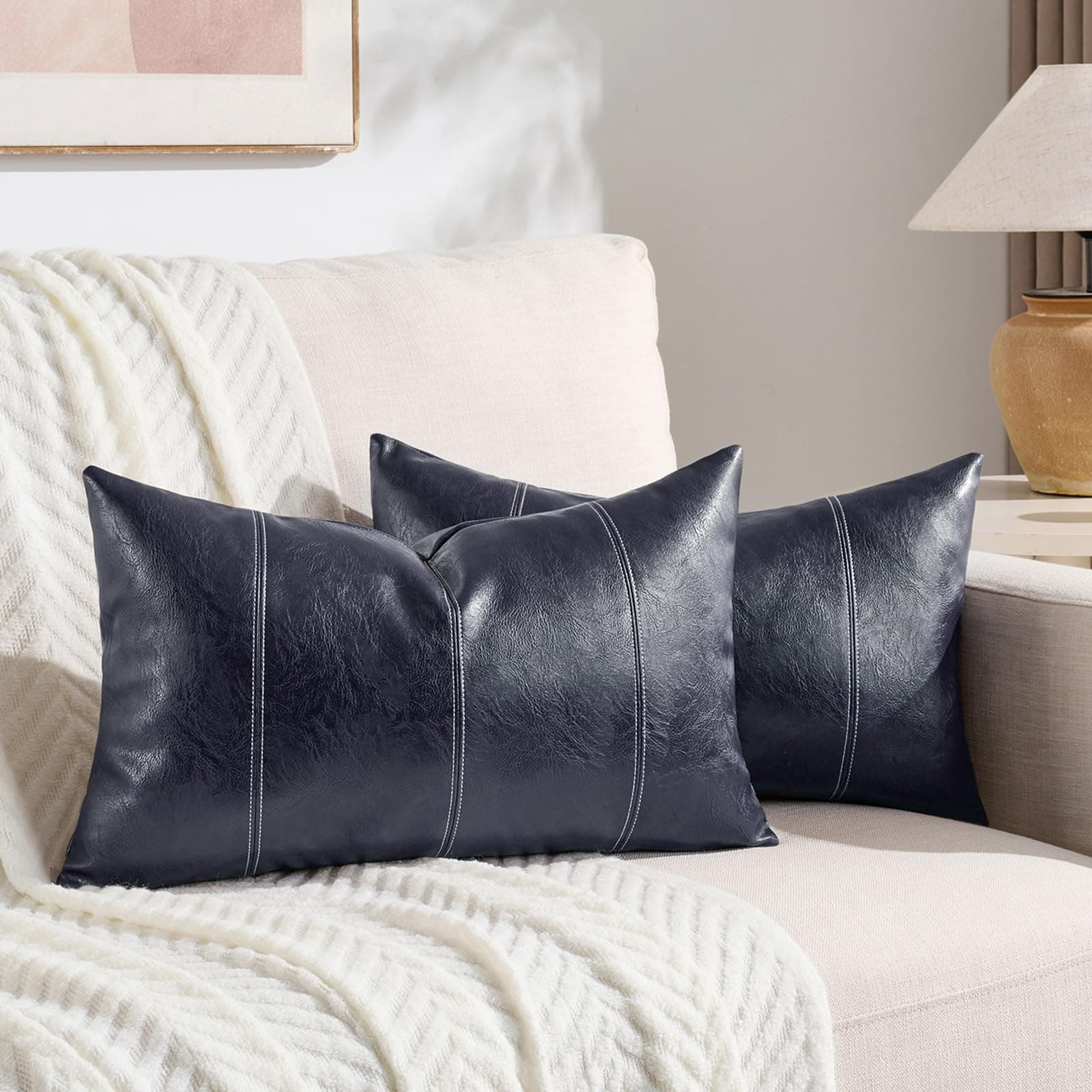 Fancy Homi Navy Blue Lumbar Waterproof Faux Leather Pillow Covers 2-Pack 80 Char - Image 1