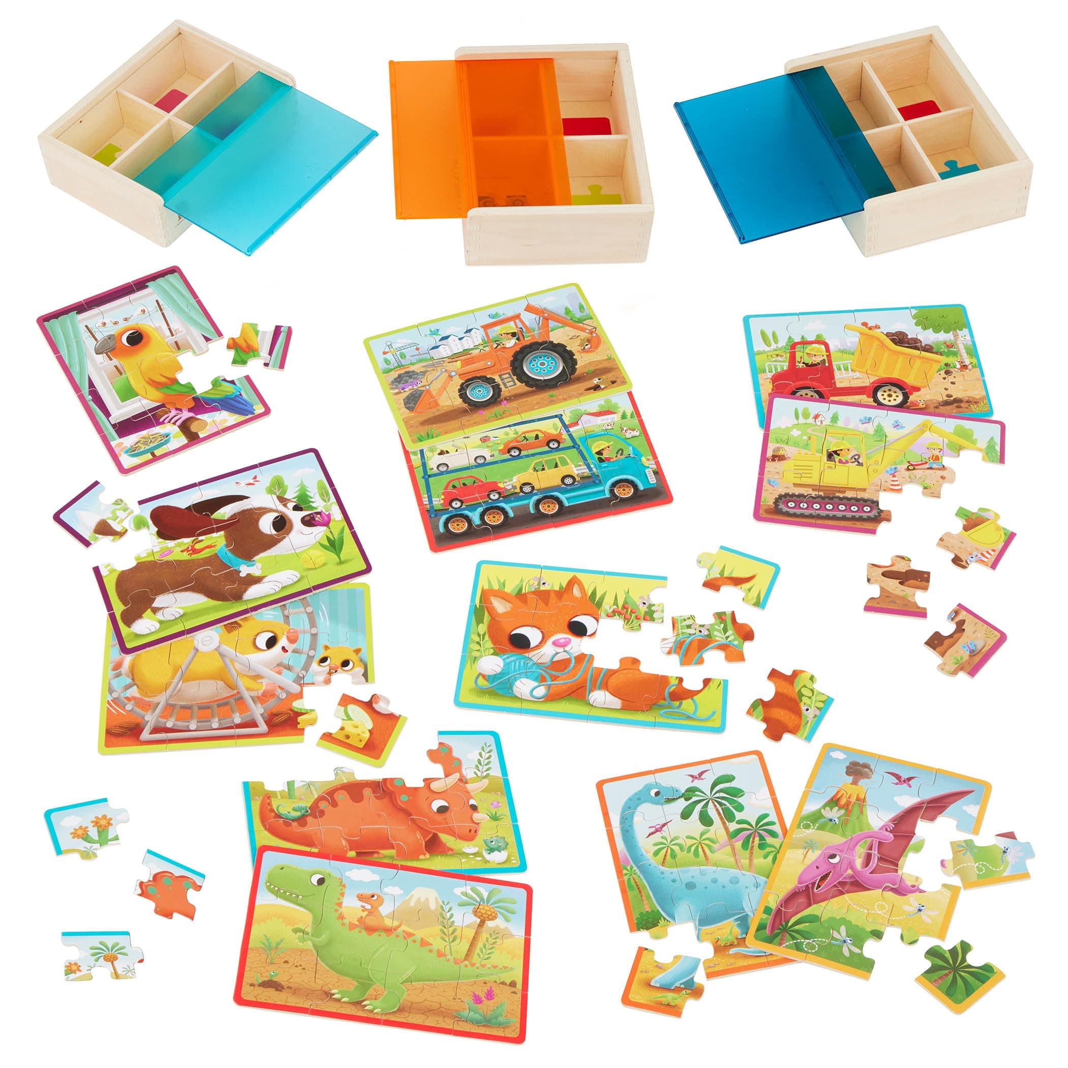 B. toys Pack o' Puzzles 3-Pack Wooden Jigsaw Puzzle Set - Pets, Dinos, Trucks - Image 1