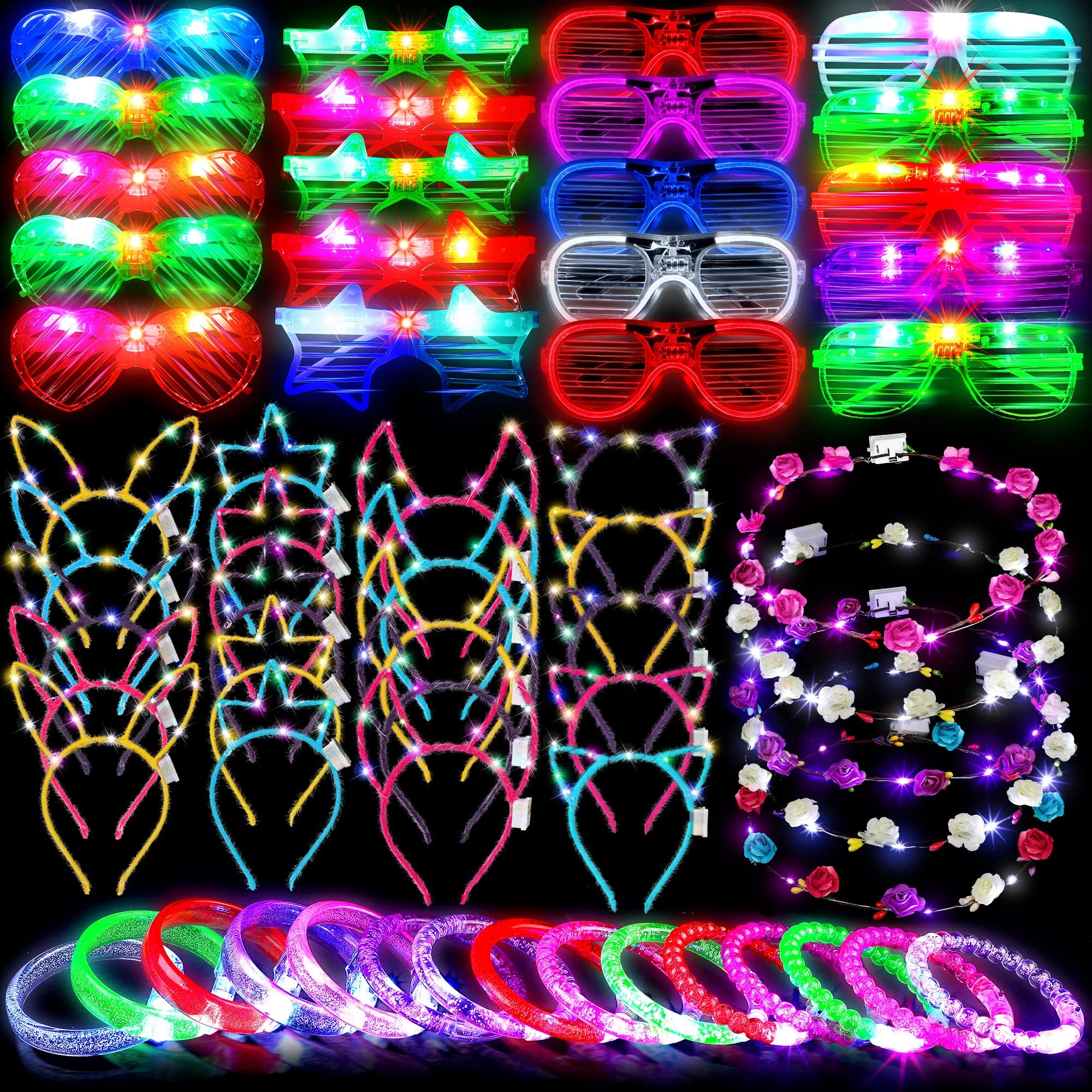 ADXCO 60pc Glow Dark LED Party Supplies Neon Favors Headbands Glasses Bracelets - Image 1