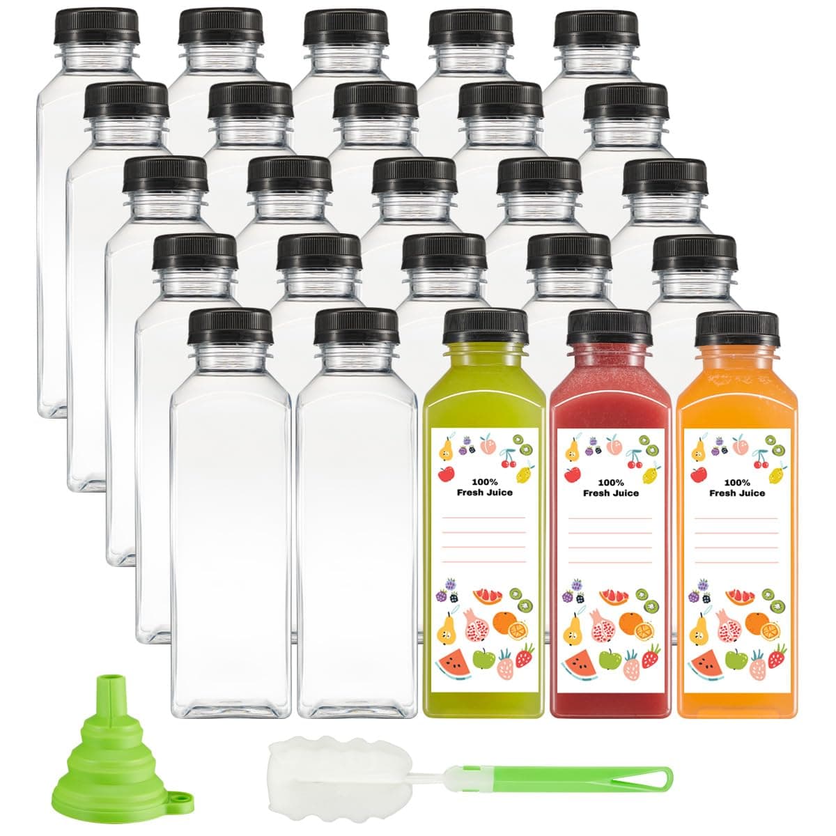 GUSTO 16oz Reusable Plastic Juice Bottles 25 w/Caps, Labels, Brush, Funnel - Image 1