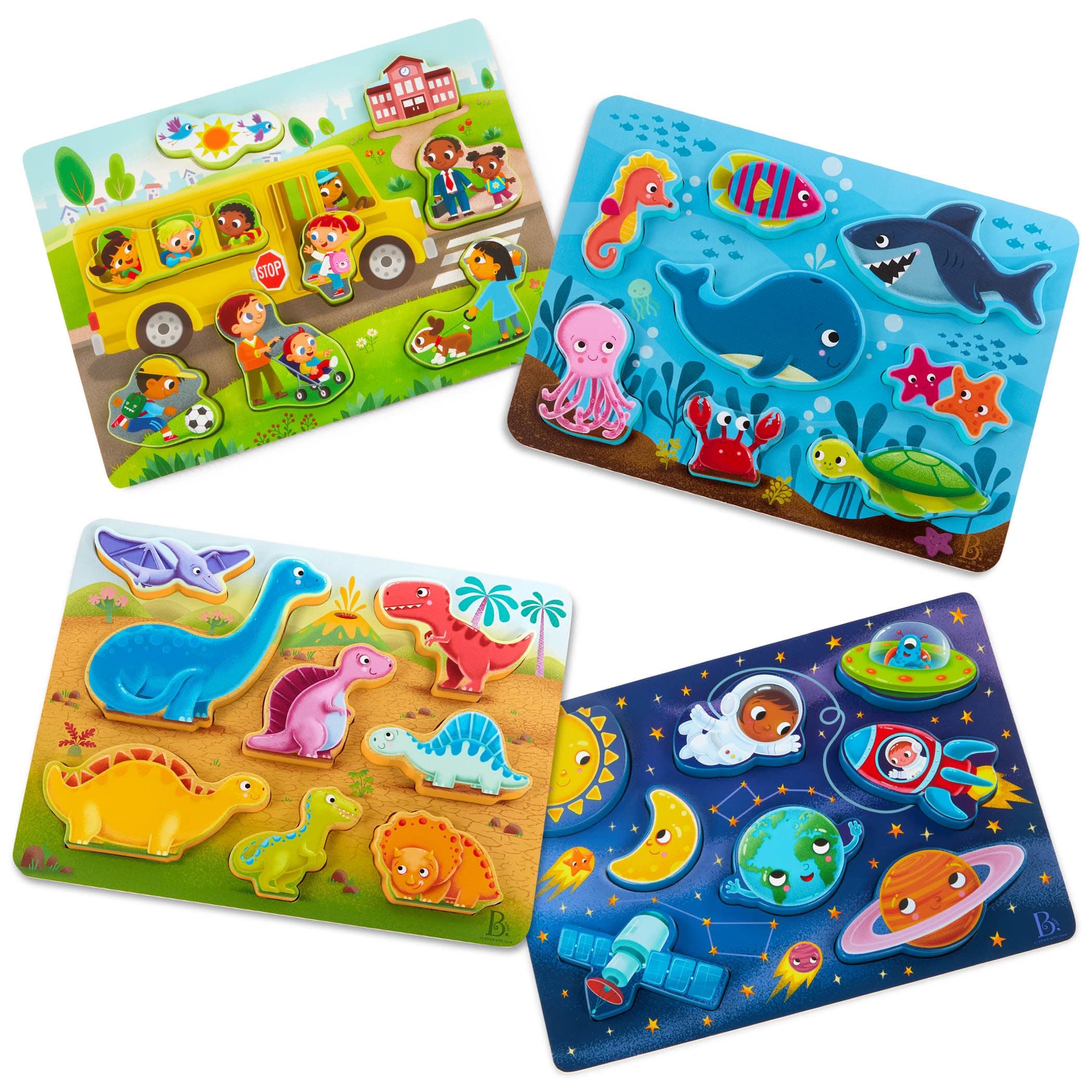 B. toys Chunky Puzzle 4-Pack: Bus, Sea, Space, Dino - Wooden Puzzles 8 pc ea - Image 1