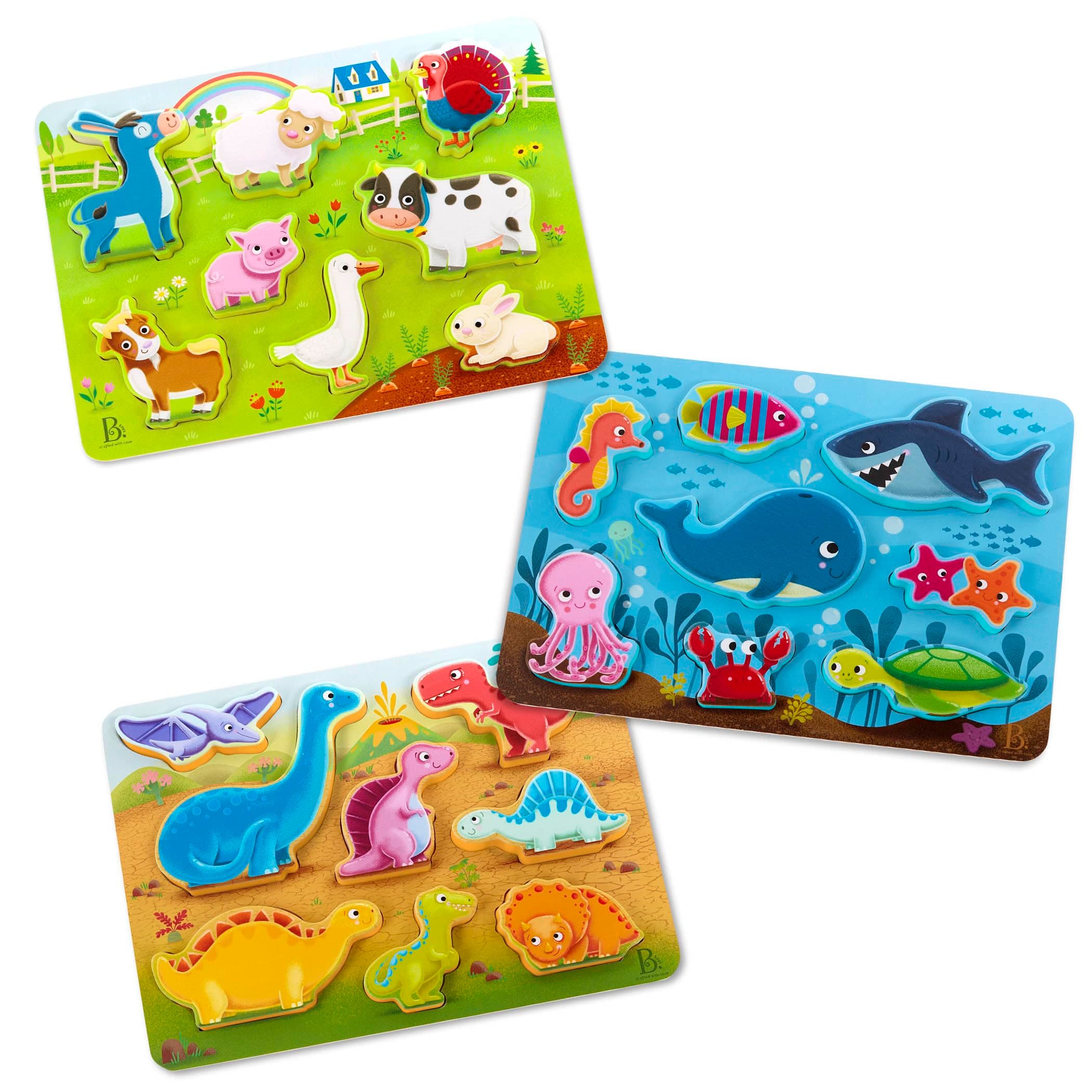B. toys Peek & Explore 3-Pack Chunky Puzzles - Farm, Sea, Dinos - Image 1
