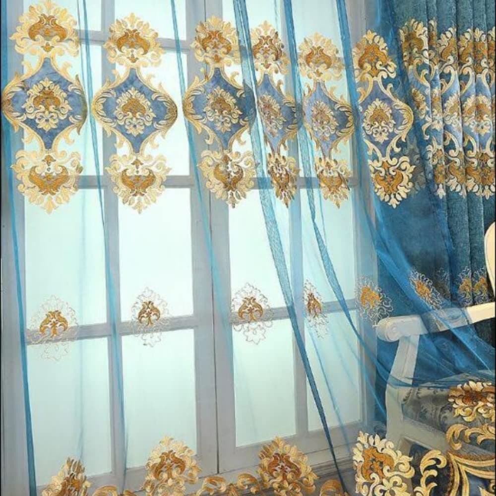 Amidoudou European Luxury Embroidered Sheer Tulle Curtains Blue 51x96" - Image 1