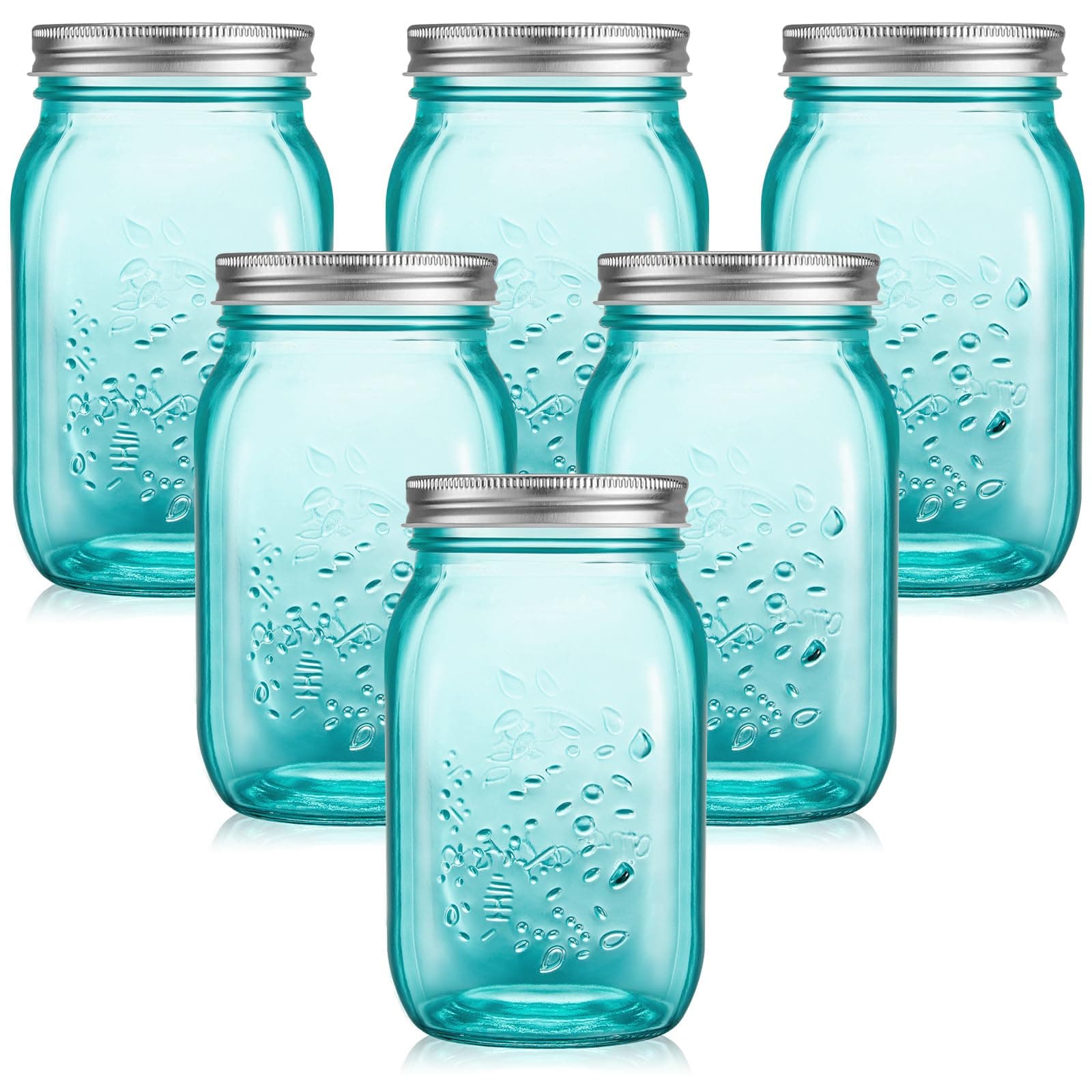 Yinder 6pk 32oz Wide Mouth Mason Jars w/Lids, Turquoise Glass Canning Jars - Image 1