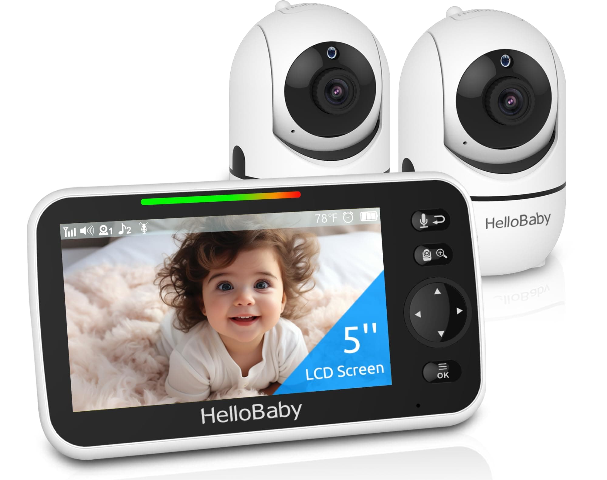 HelloBaby 5" Baby Monitor: 2 Cams, Pan-Tilt-Zoom, 30hr Battery, 1000ft Range - Image 1