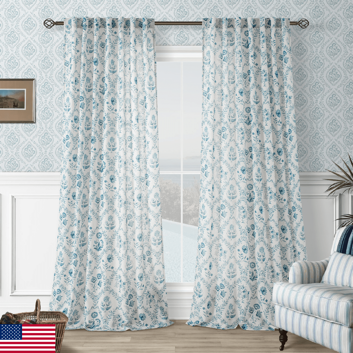 Blue Floral 102 Inch Curtains Back Tab Farmhouse Living Dining Room Light Filter - Image 1