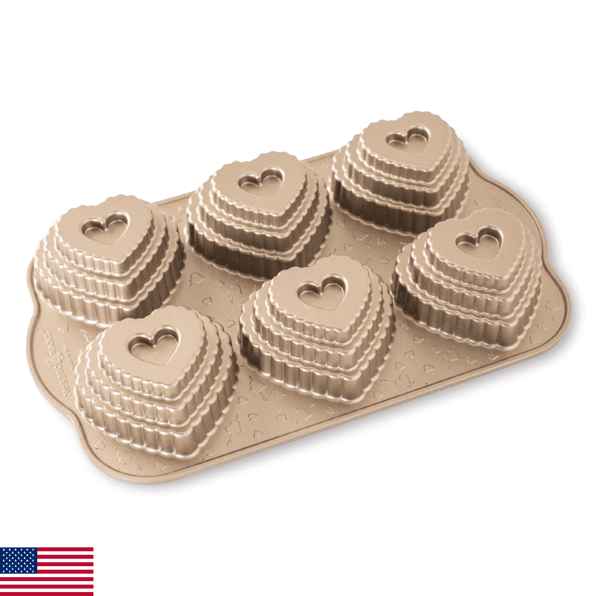 Nordic Ware Cast Bundt Bakeware Tiered Heart Cakelets Toffee, 3-Cup - Image 1