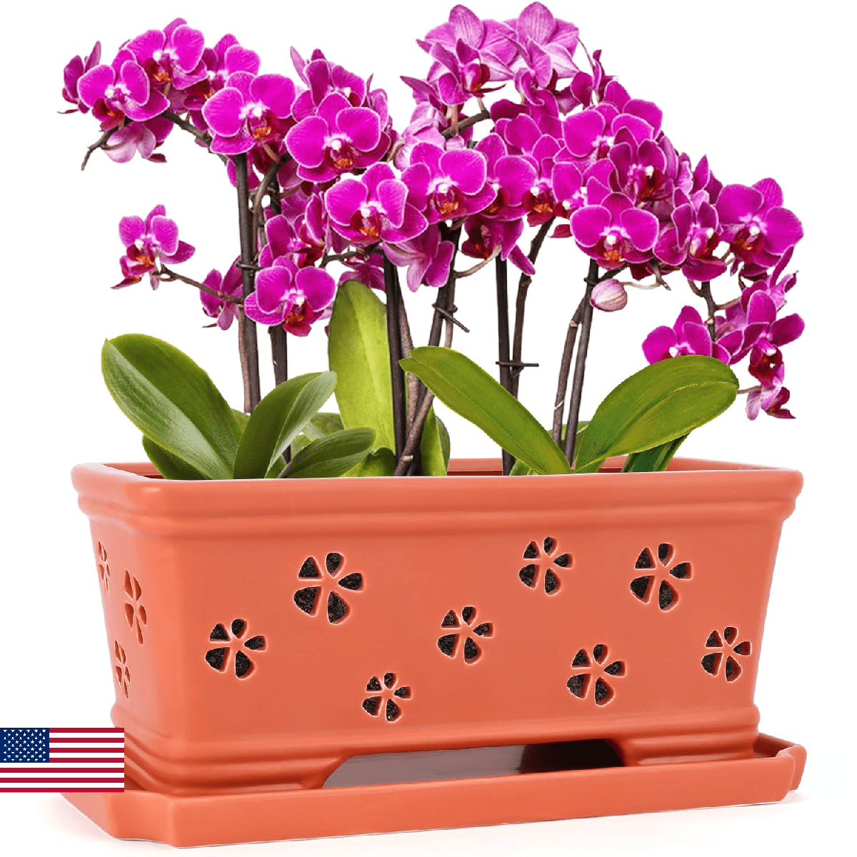 Red Ceramic Orchid Pot 12 Inch with Holes and Saucer for Indoor and Outdoor, Eff - Image 1