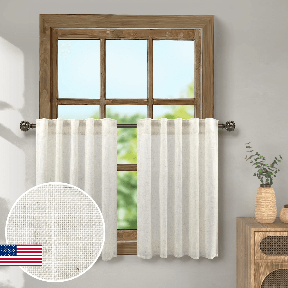 Pitalk Linen Kitchen Curtains Boho Tier Modern Farmhouse Cafe 36 Inch Length for - Image 1