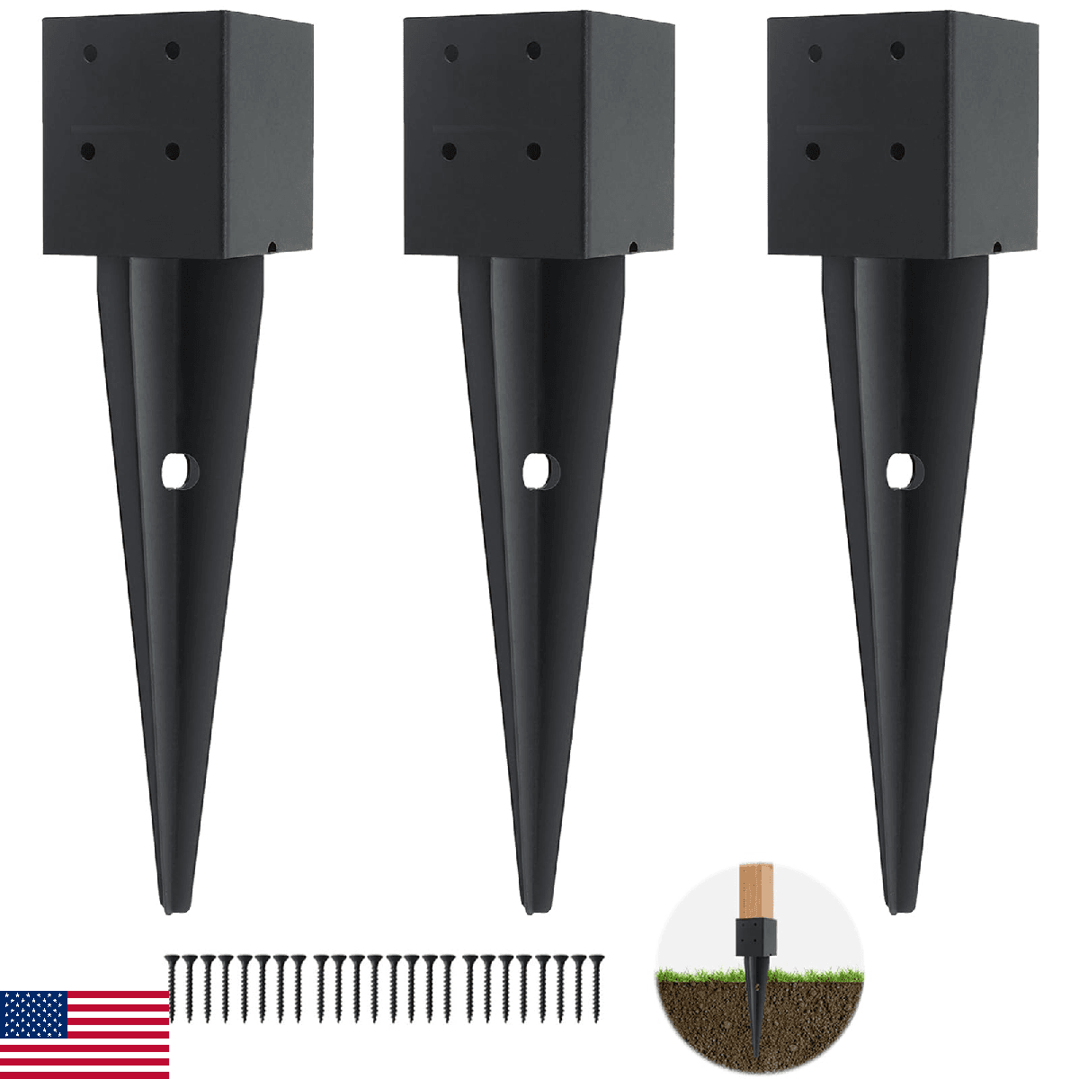 3 Pcs 4x4 Fence Post Anchor Ground Spike (Inner Size 3.6"x3.6") Black Powder Coa - Image 1