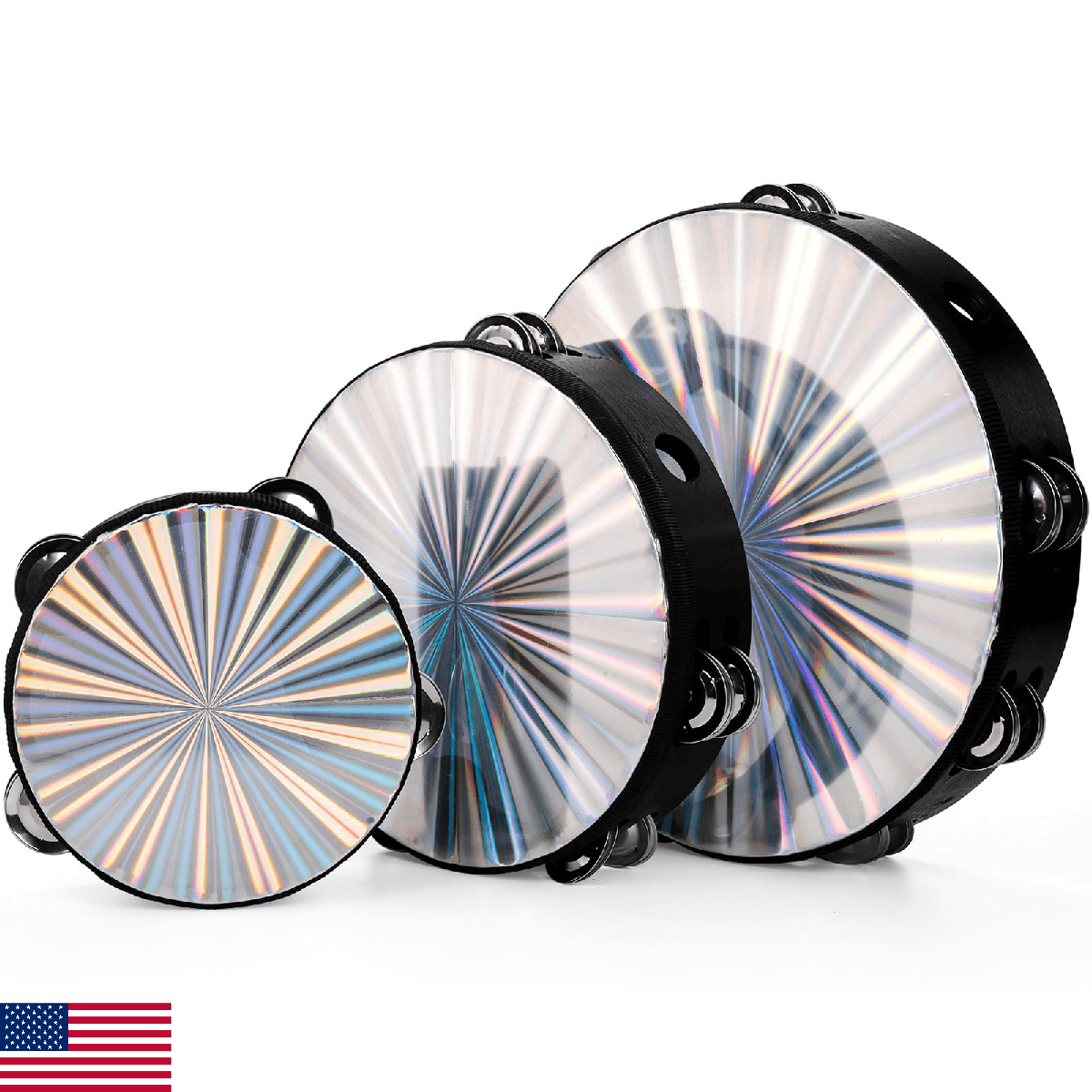 YOUEON 3 Pack Radiant Tambourine with Double Row Jingles, 6/8/10 Inch Hand Held - Image 1