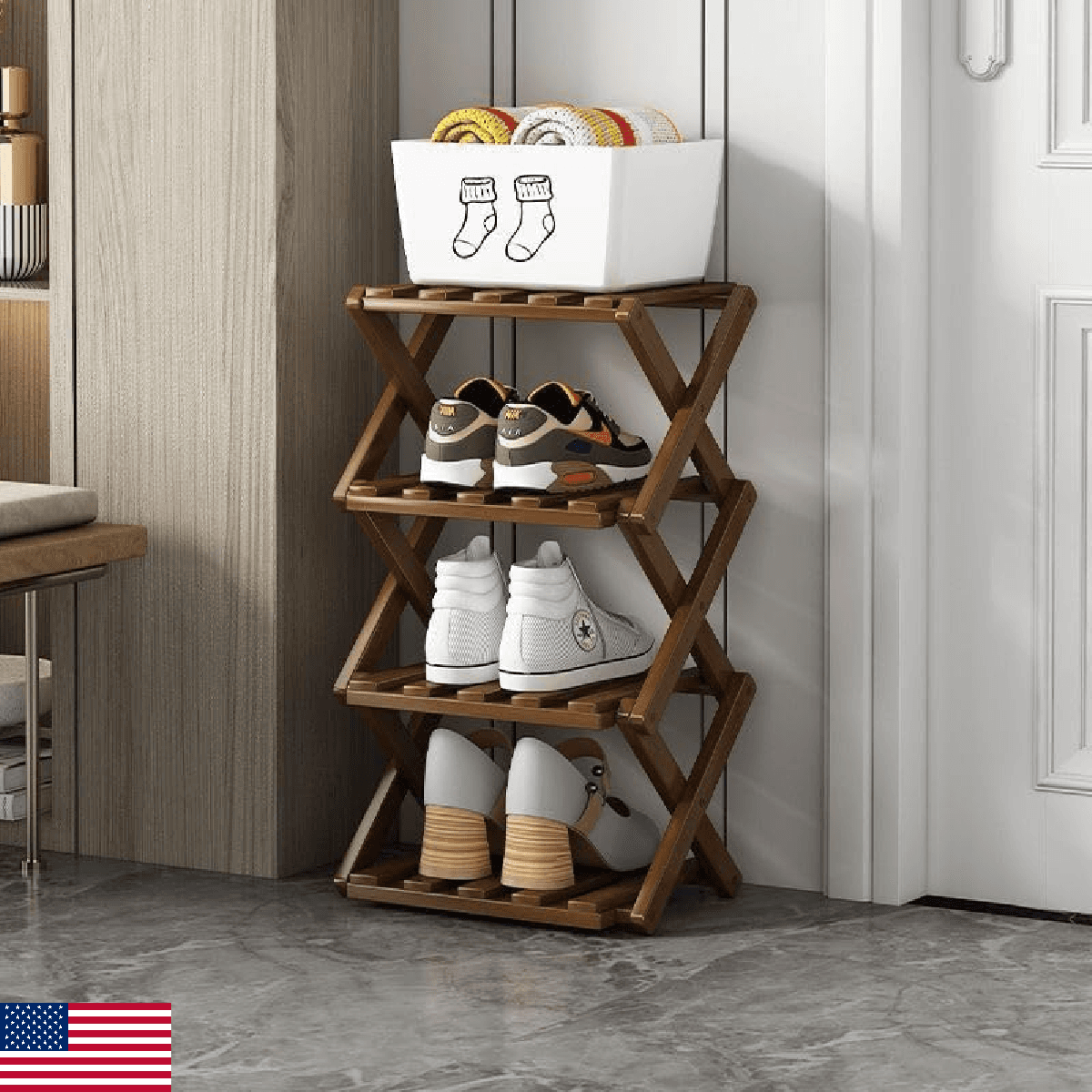 XZXWZX Foldable Shoe Rack, Bamboo Vertical Shoe Organizer Tall for Small Spaces. - Image 1