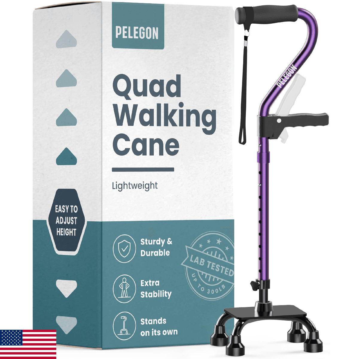 PELEGON Quad Cane (300LB) - Adjustable Walking Cane with A Large 4 Pronged Base - Image 1
