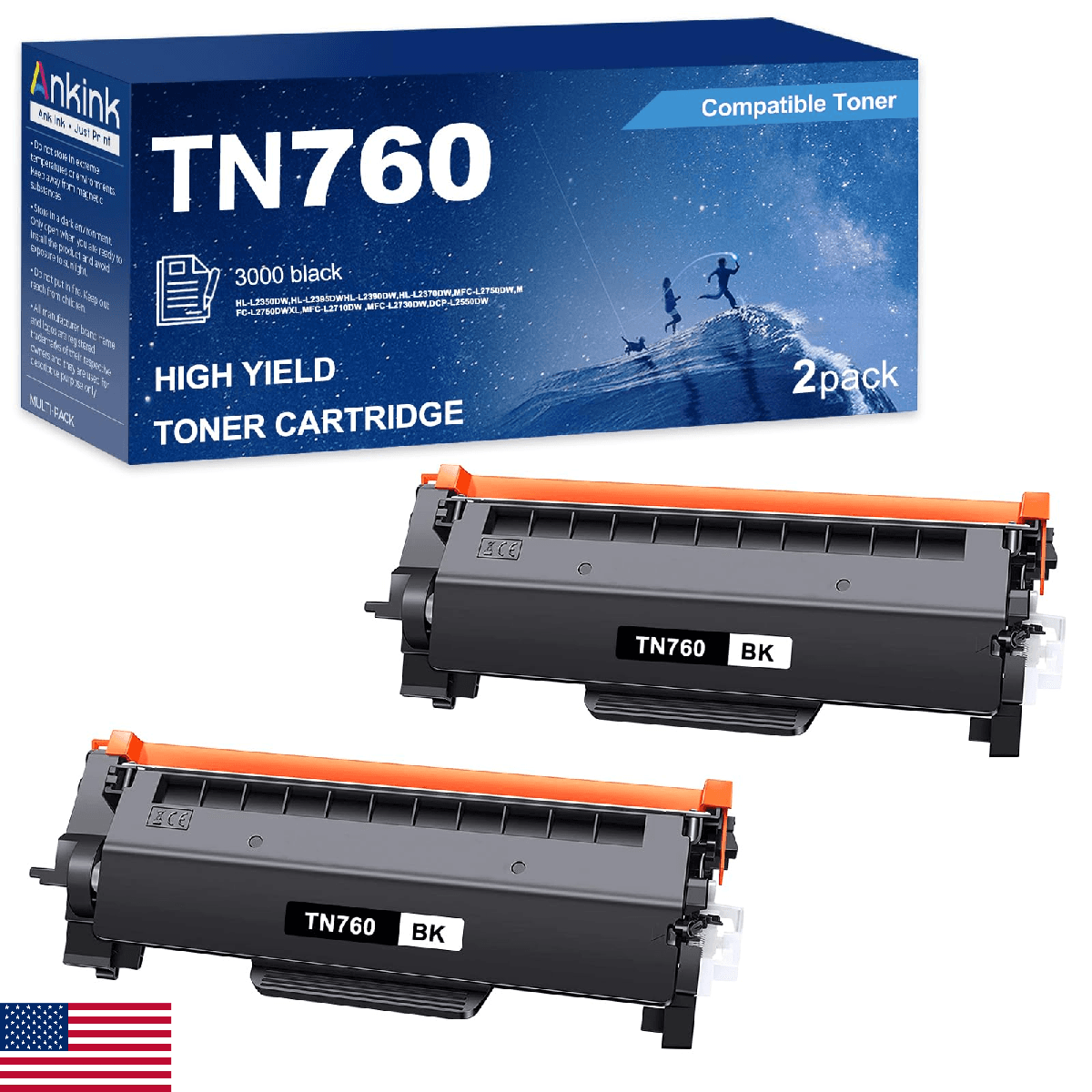 Ankink TN760 TN730 Compatible Toner Cartridge (Black,2 Pack) Replacement for Bro - Image 1