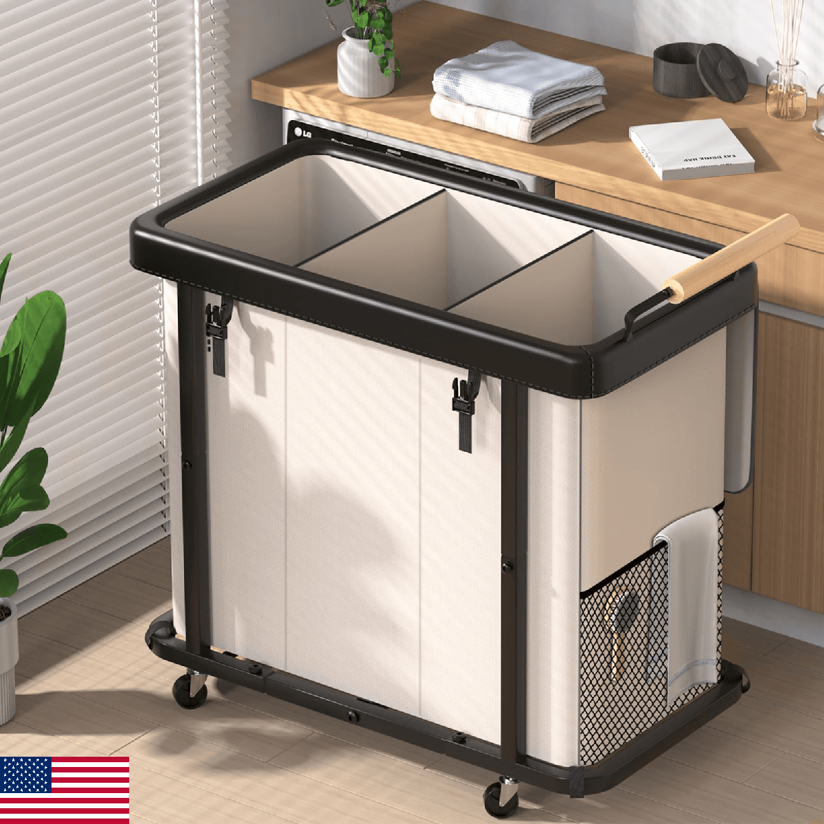 60 Gal Laundry Hamper 3 Section Lid Leather Patchwork Laundry Sorter with Wheels - Image 1