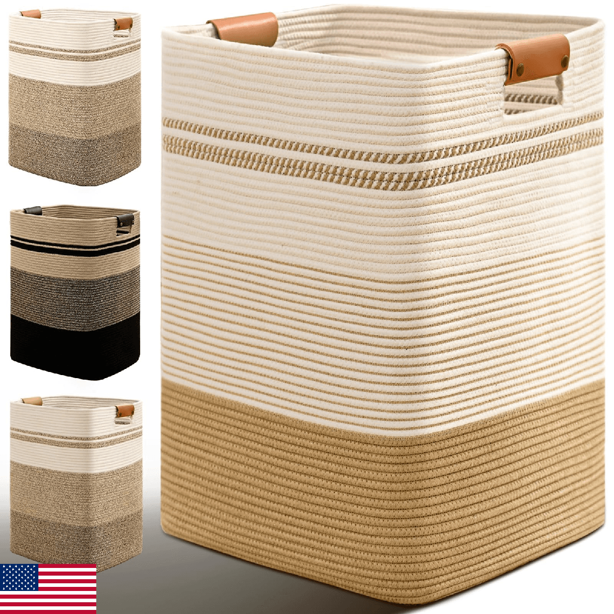 Degeyoyo Laundry Hamper 85L Tall Clothes Basket Leather Handles Organizing Cotto - Image 1