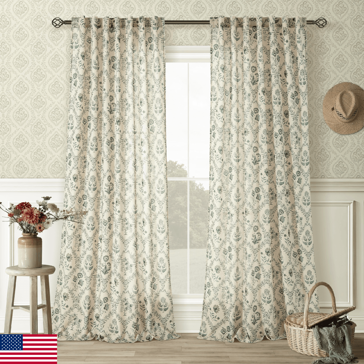 Sage Green Floral 102 Inch Curtains Farmhouse Living Dining Room Back Tab Light - Image 1