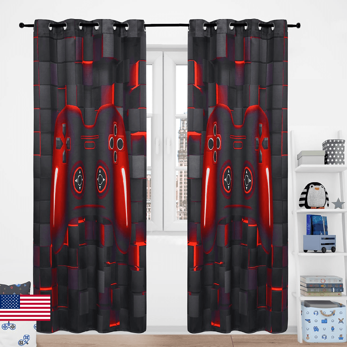 PERFEMET Gamer Blackout Curtains for Boys Room 2 Panels Black Red Gaming Control - Image 1