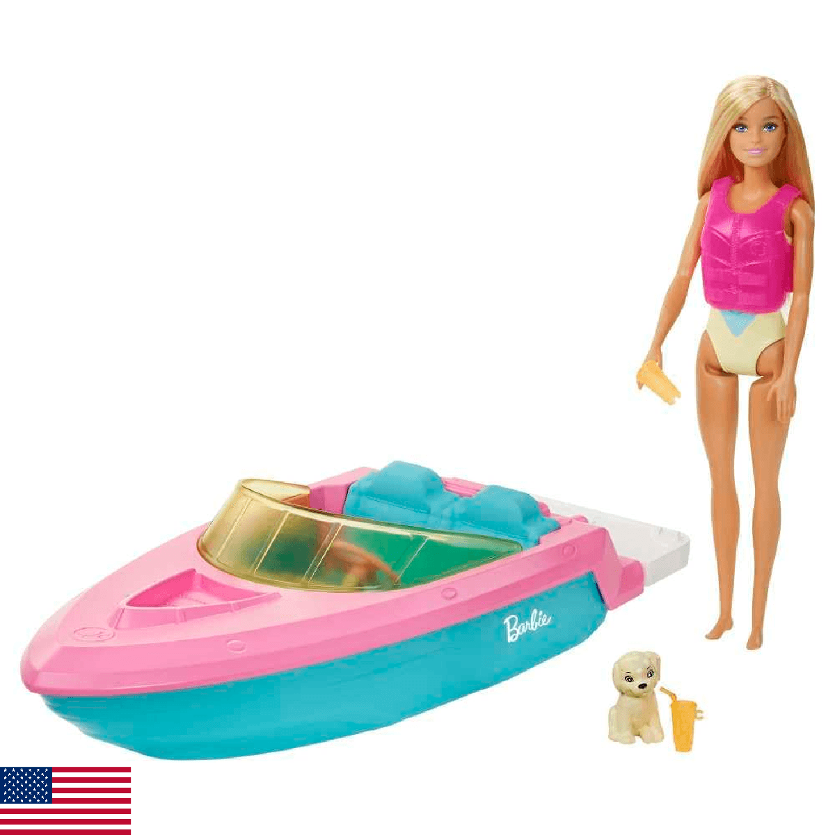 Barbie Doll and Boat Playset with Pet Puppy, Life Vest and Accessories, Fits 3 D - Image 1