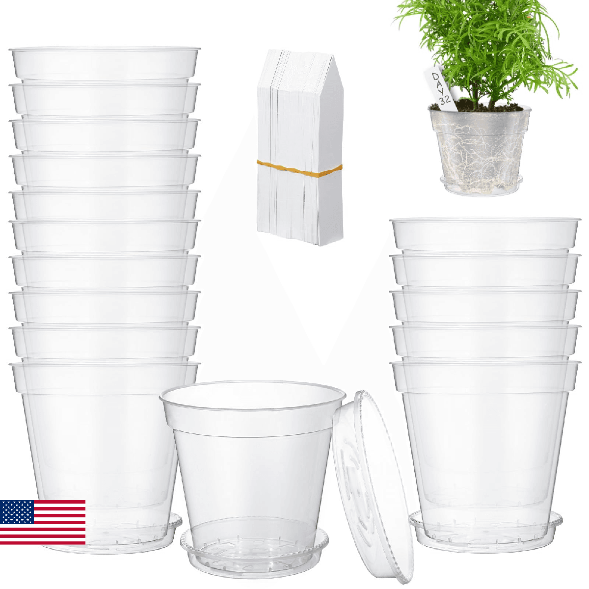 Hushee 10 Pcs 8 Inch Clear Nursery Pots Include 10 Saucer and 100 Plant Labels S - Image 1