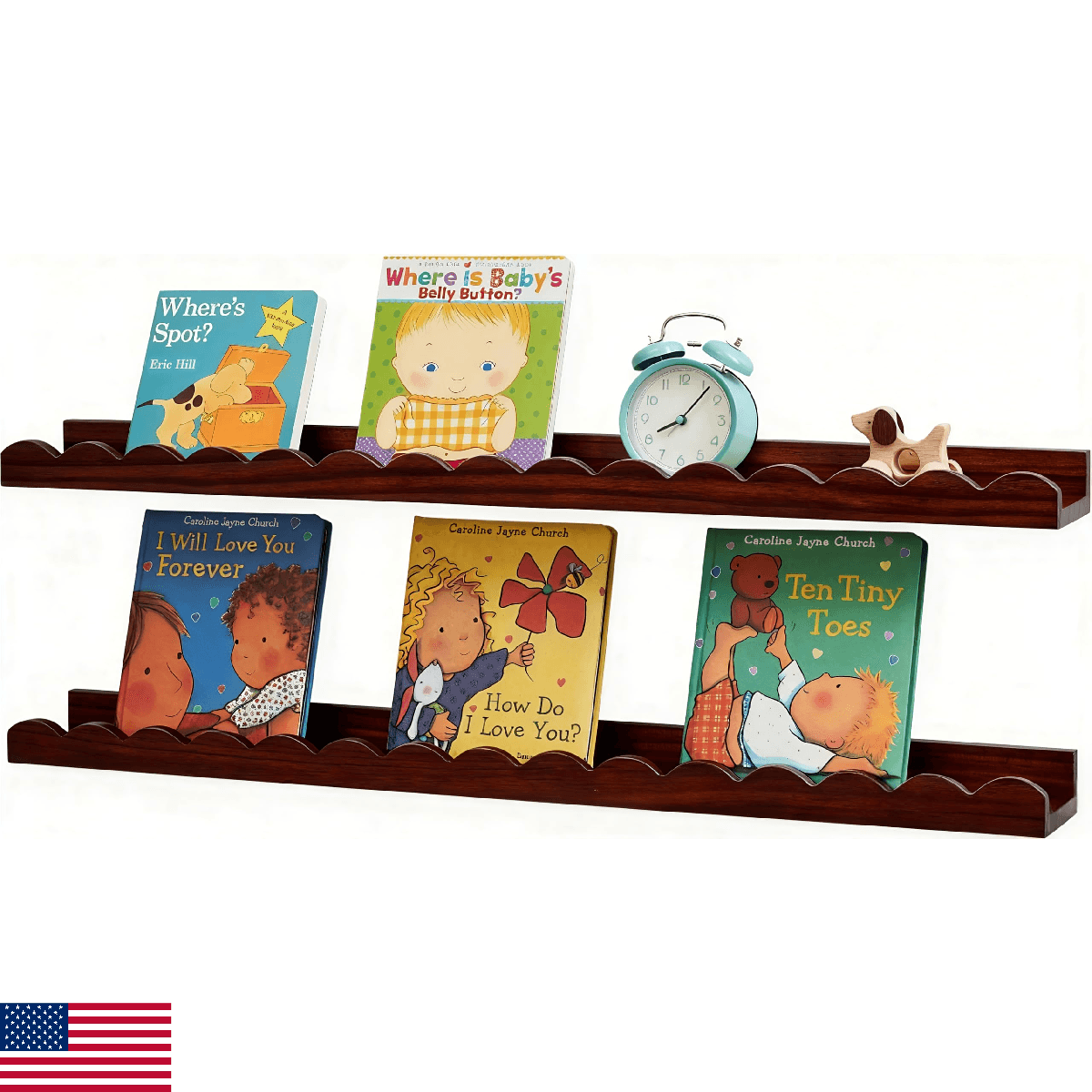 Conamily Walnut Scalloped Book Shelf, Dark Wood Nursery Book Shelves Set of 2 Pi - Image 1