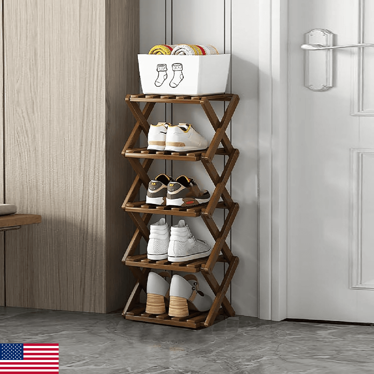 XZXWZX Foldable Shoe Rack, Bamboo Vertical Shoe Organizer Tall for Small Spaces. - Image 1