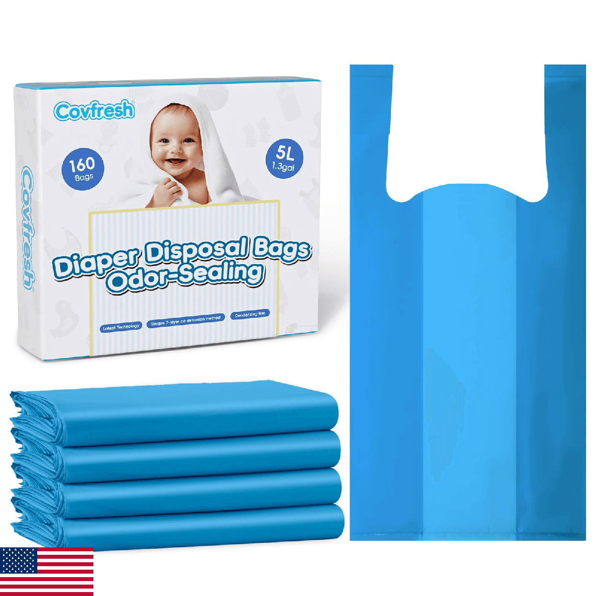 Covfresh Odor Sealing Diaper Disposable Bags Tie Handle 160 Count Large Capacity - Image 1