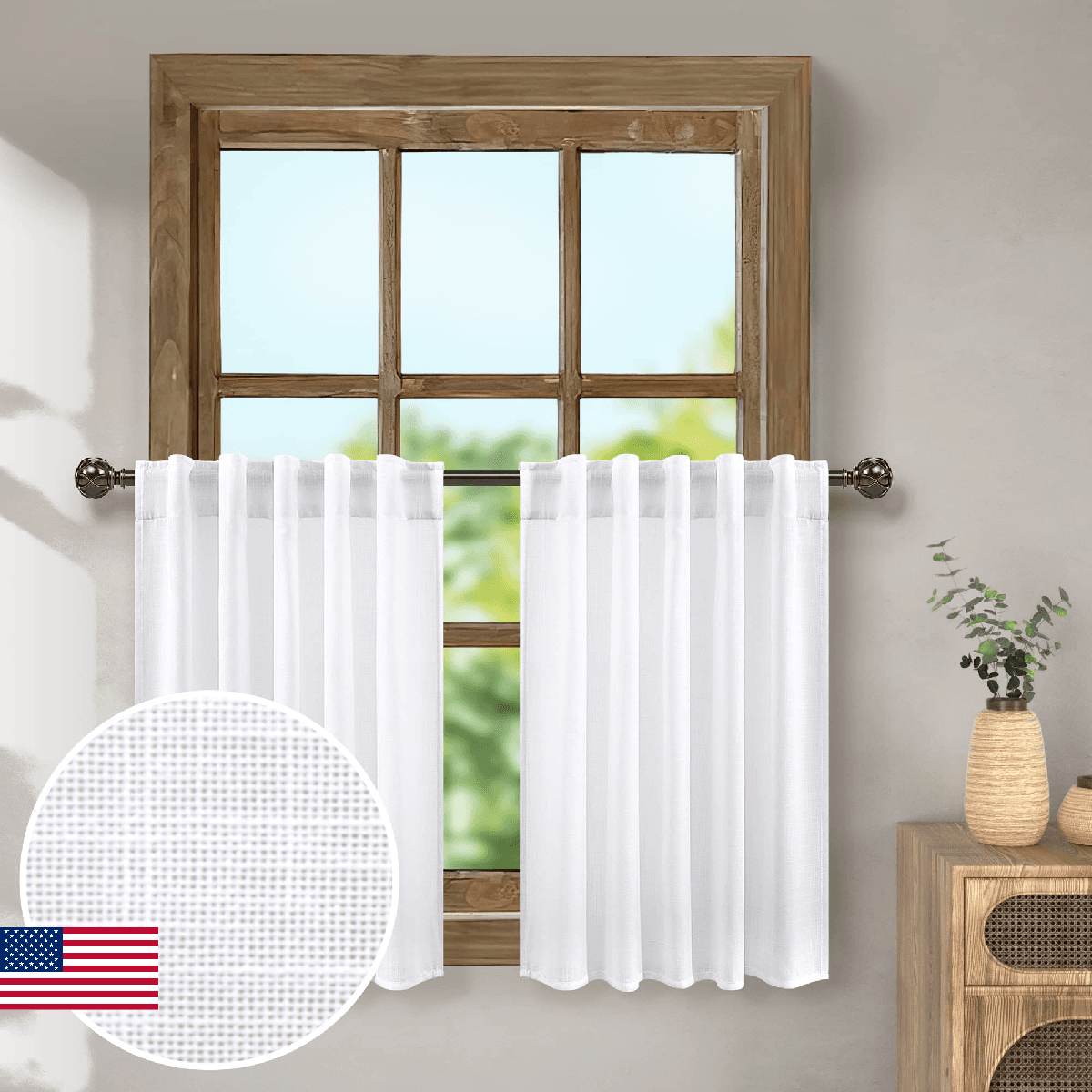 Pitalk White Linen Half Kitchen Curtains 45 Inch Length Set of 2 Panels Back Tab - Image 1