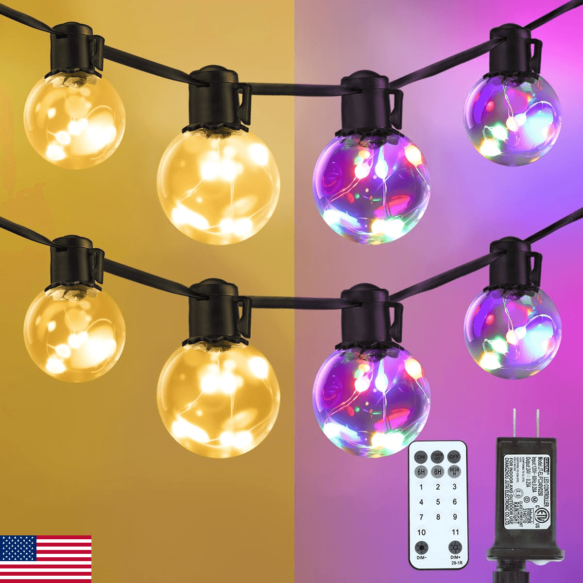 KepStars Outdoor String Lights, 25ft 20 LED Bulbs Hanging Patio Lights Dimmable - Image 1