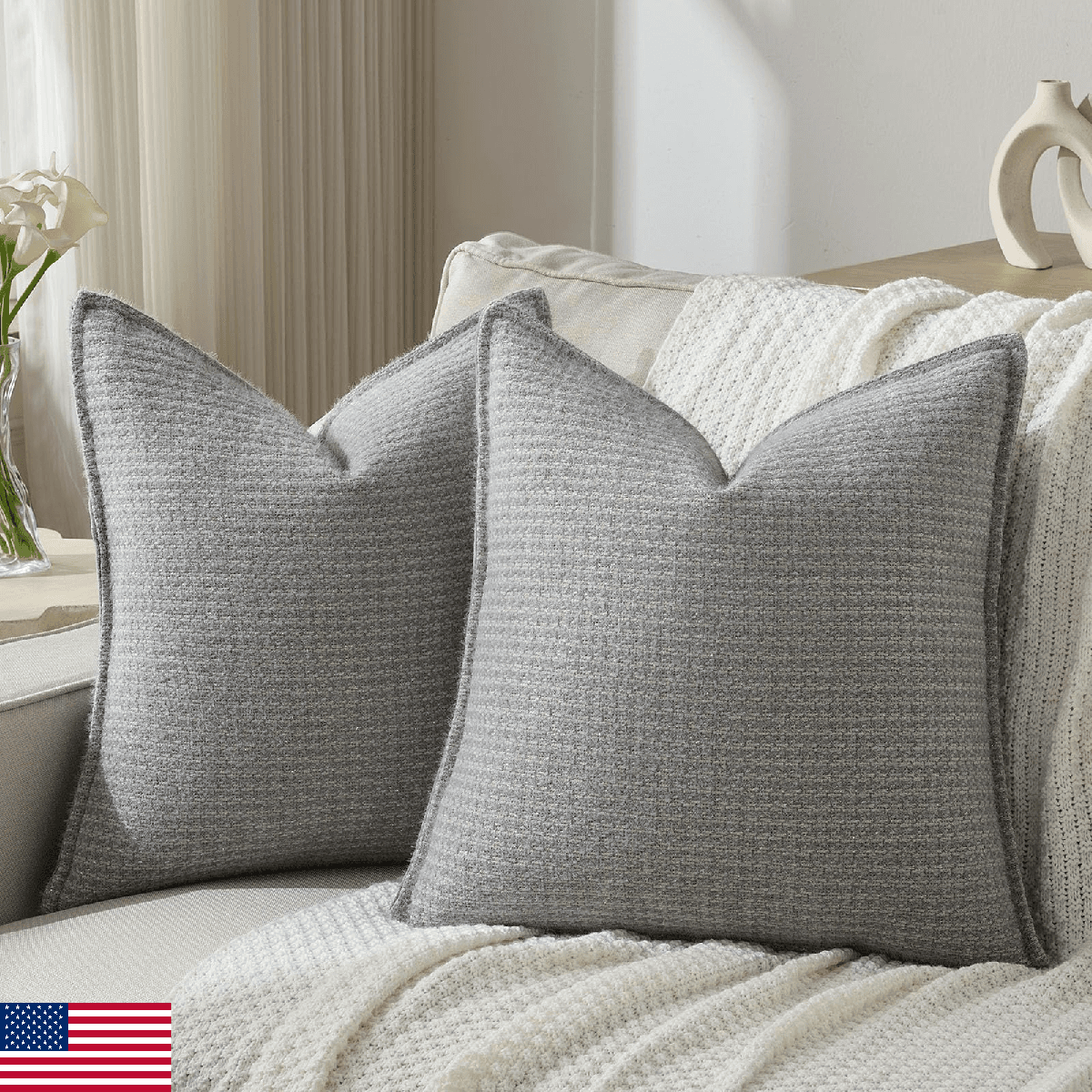 FUTEI Light Grey Decorative Throw Pillow Covers 24x24 Inch Set of 2,Soft Houndst - Image 1