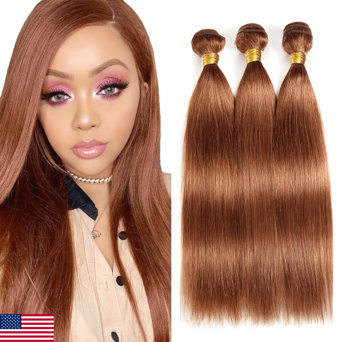 #30 Brown Bundles Human Hair Straight Bundles 18 20 22 Inch Light Brown Straight - Image 1