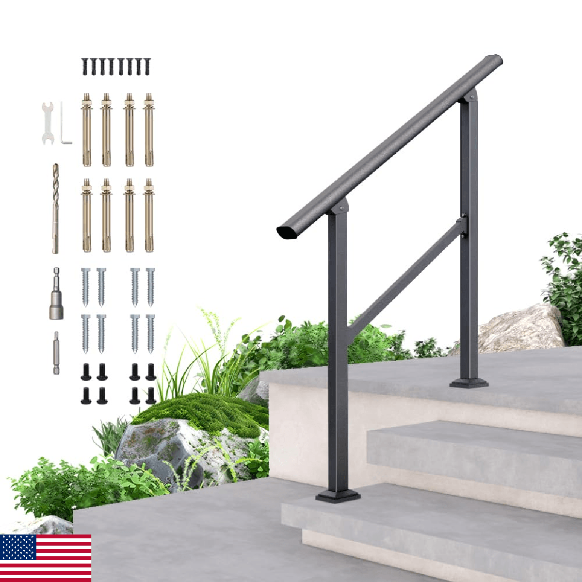 DIYHD 3 Step Handrail for Outdoor,Powder Coated Iron Stair Railing,Black Hand Ra - Image 1
