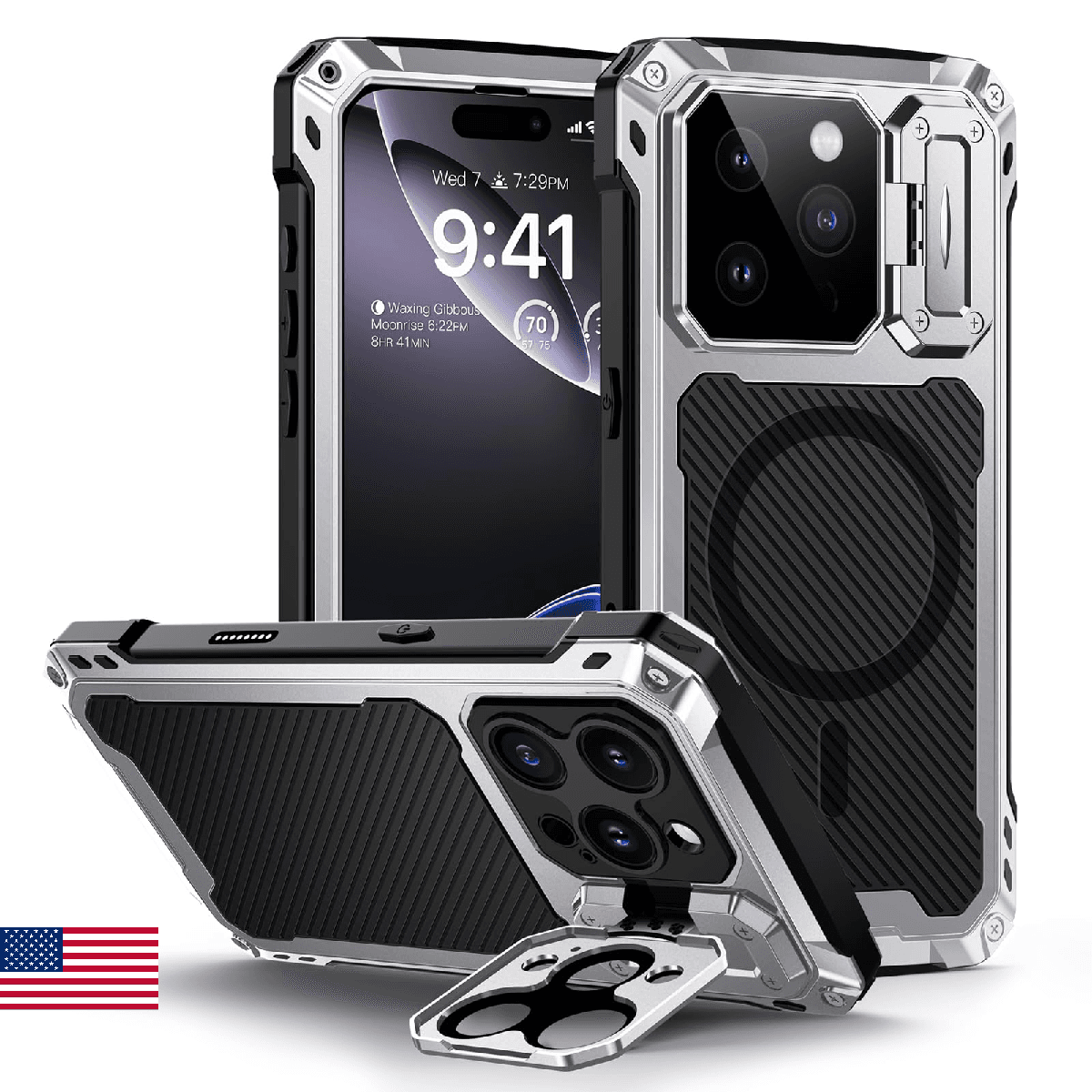 Lanhiem for iPhone 16 Pro Metal Case with Camera Cover & Stand [Compatible with - Image 1