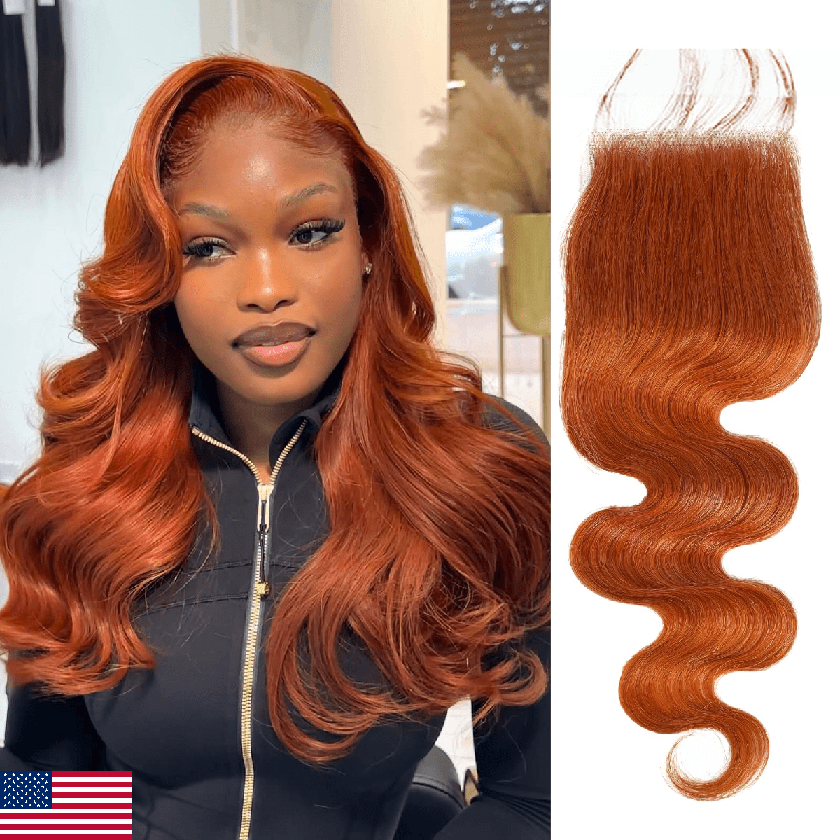 ALHER 350 Ginger Orange Body Wave 4x4 Lace Closure, 12A Copper Orange Colored 4X - Image 1
