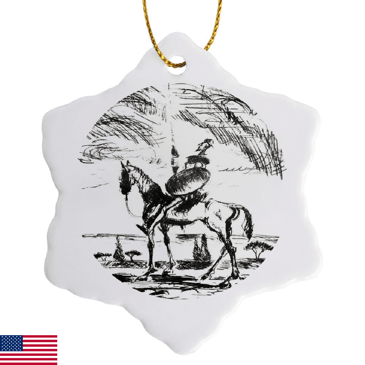 3dRose ORN_78688_1 Sketch Drawing of Don Quixote Snowflake Porcelain Ornament, 3 - Image 1