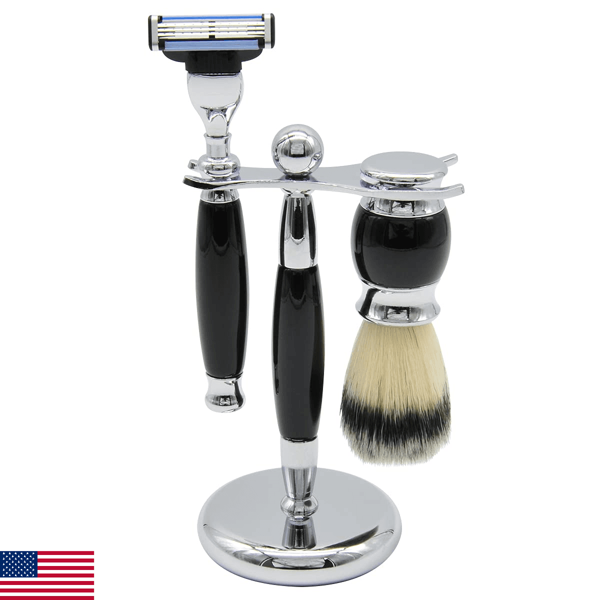Union Razors SS3 Black Three Piece Shave Kit with Razor, Shaving Brush and Stand - Image 1