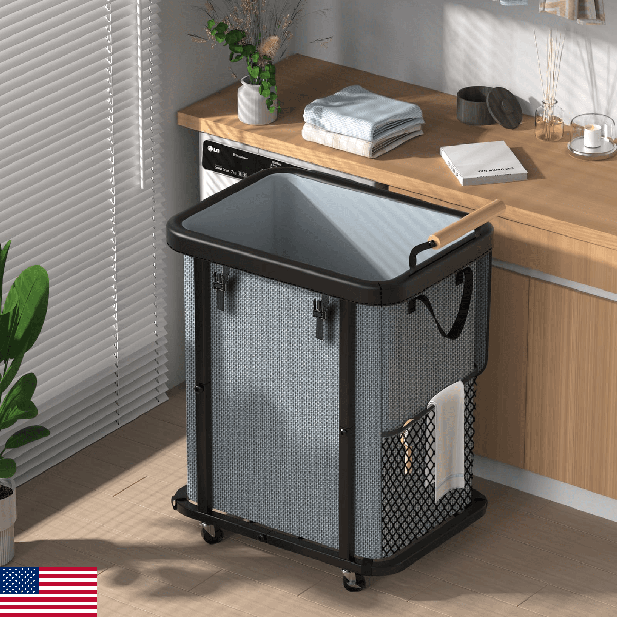 40 Gal (150L) Laundry Hamper with Lid, Leather Patchwork Laundry Basket with Rol - Image 1